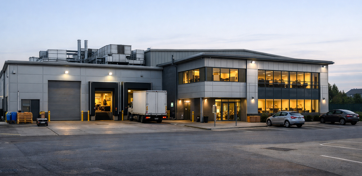 Commercial building using electricity with lighting, machinery and power systems in operation